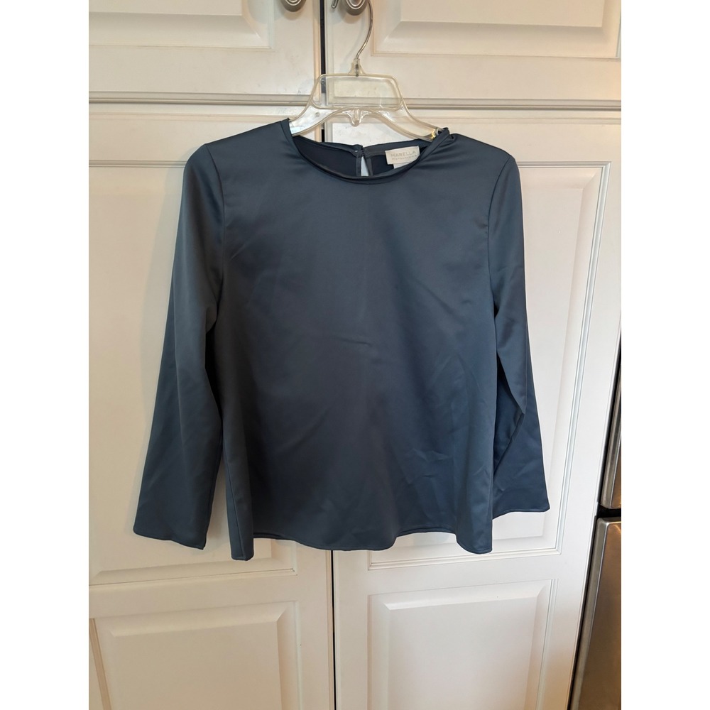 Marella Monochrome Slate Blue Satin Long Sleeve Blouse Keyhole Back Size 6